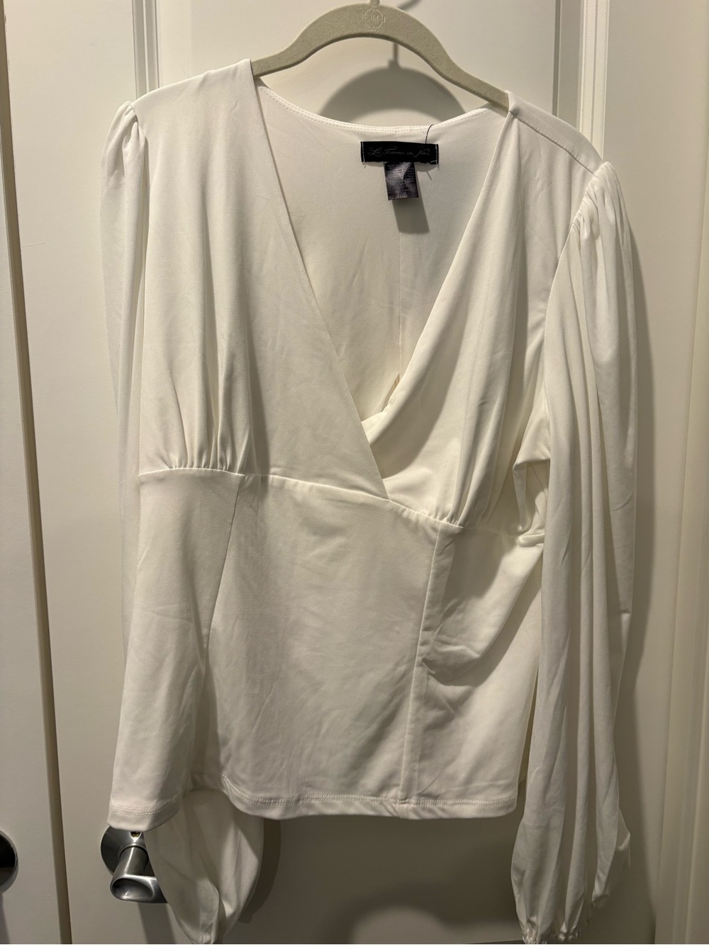 White Draped V-Neck Long-Sleeve Blouse
